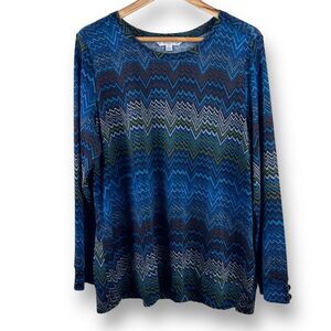 Erin London L Elbow Sleeve Tunic‎ Top Blue Multicolor Chevron Psychadelic Retro